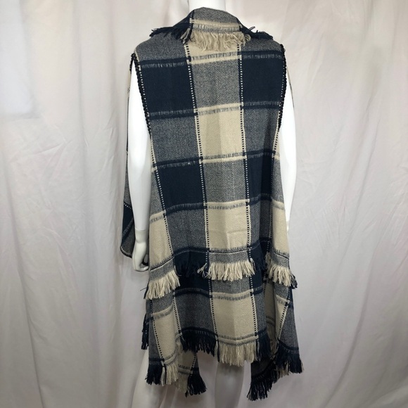 Sleeveless Plaid Hem Tassel Drape Open Front Cardigan Vest - Picture 3 of 8